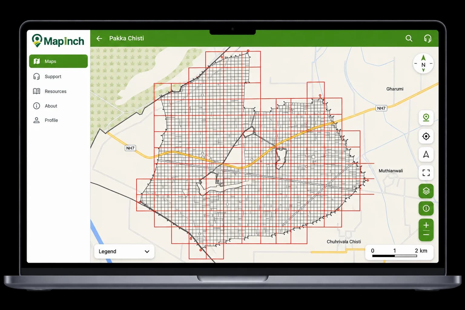 MapInch map viewer showing Pakka Chisti village boundaries on a laptop