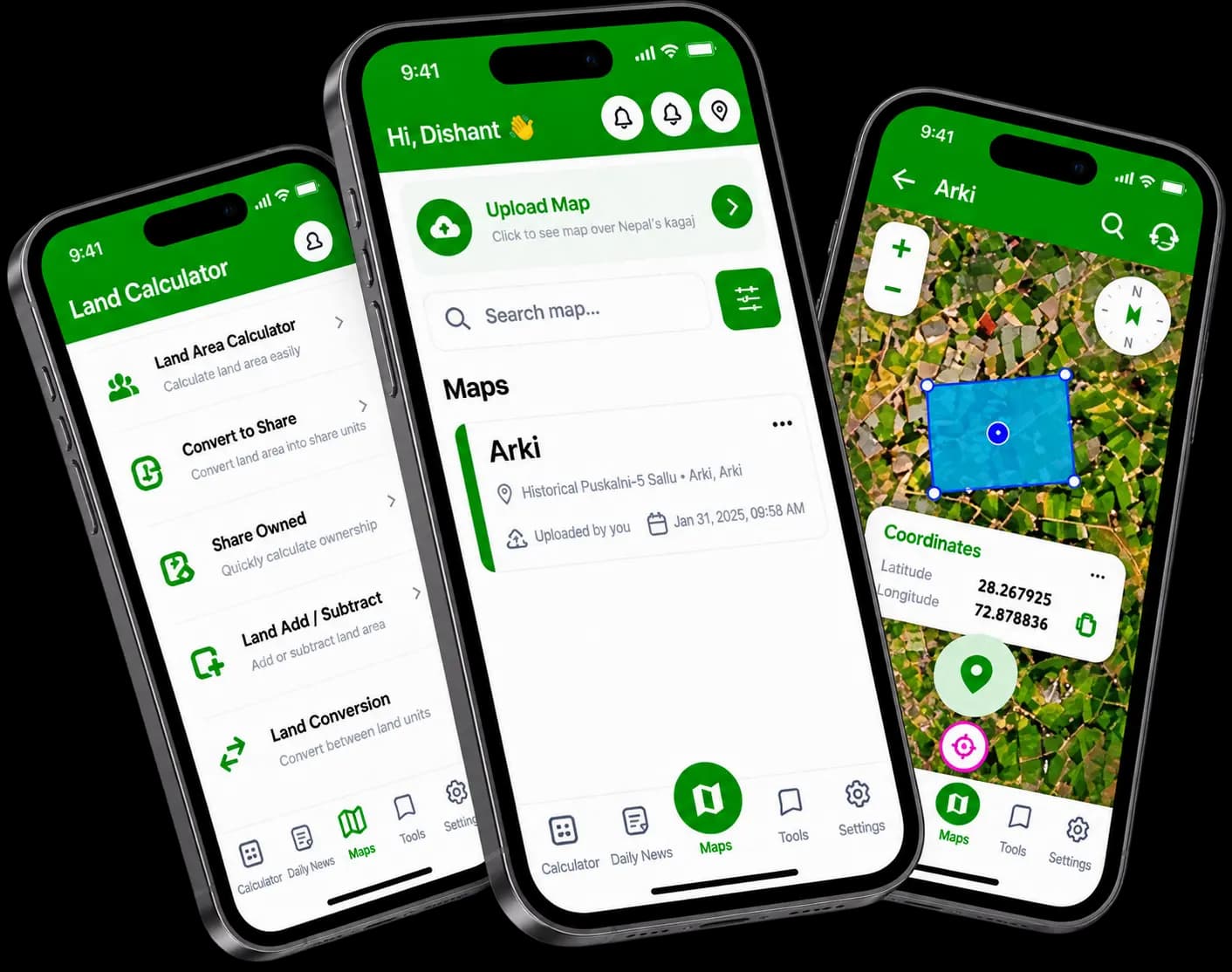 MapInch mobile app showcase — land calculator, maps home, and georeferenced satellite plot
