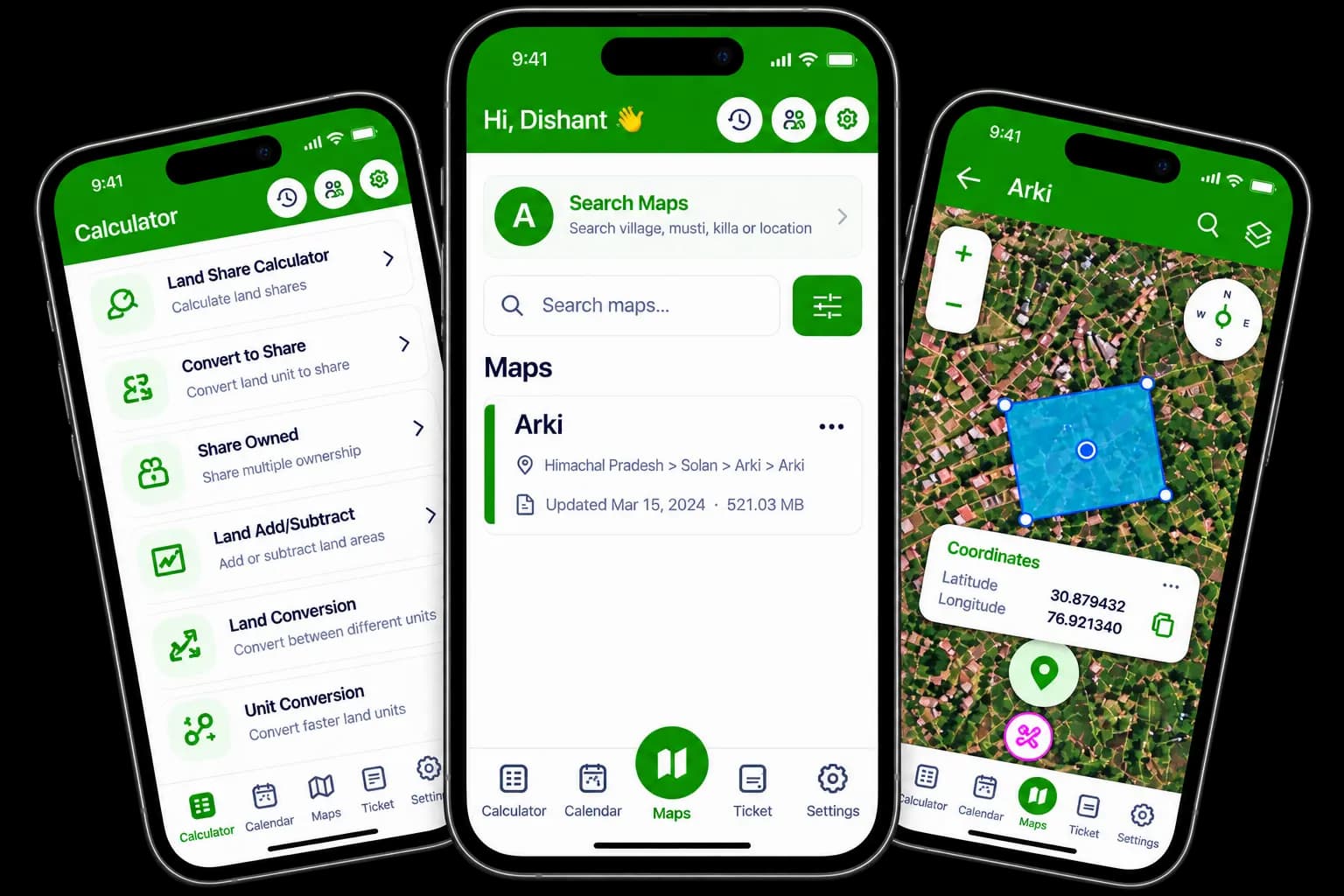 MapInch mobile app mockup — land calculator, village map search, and georeferenced satellite plot view
