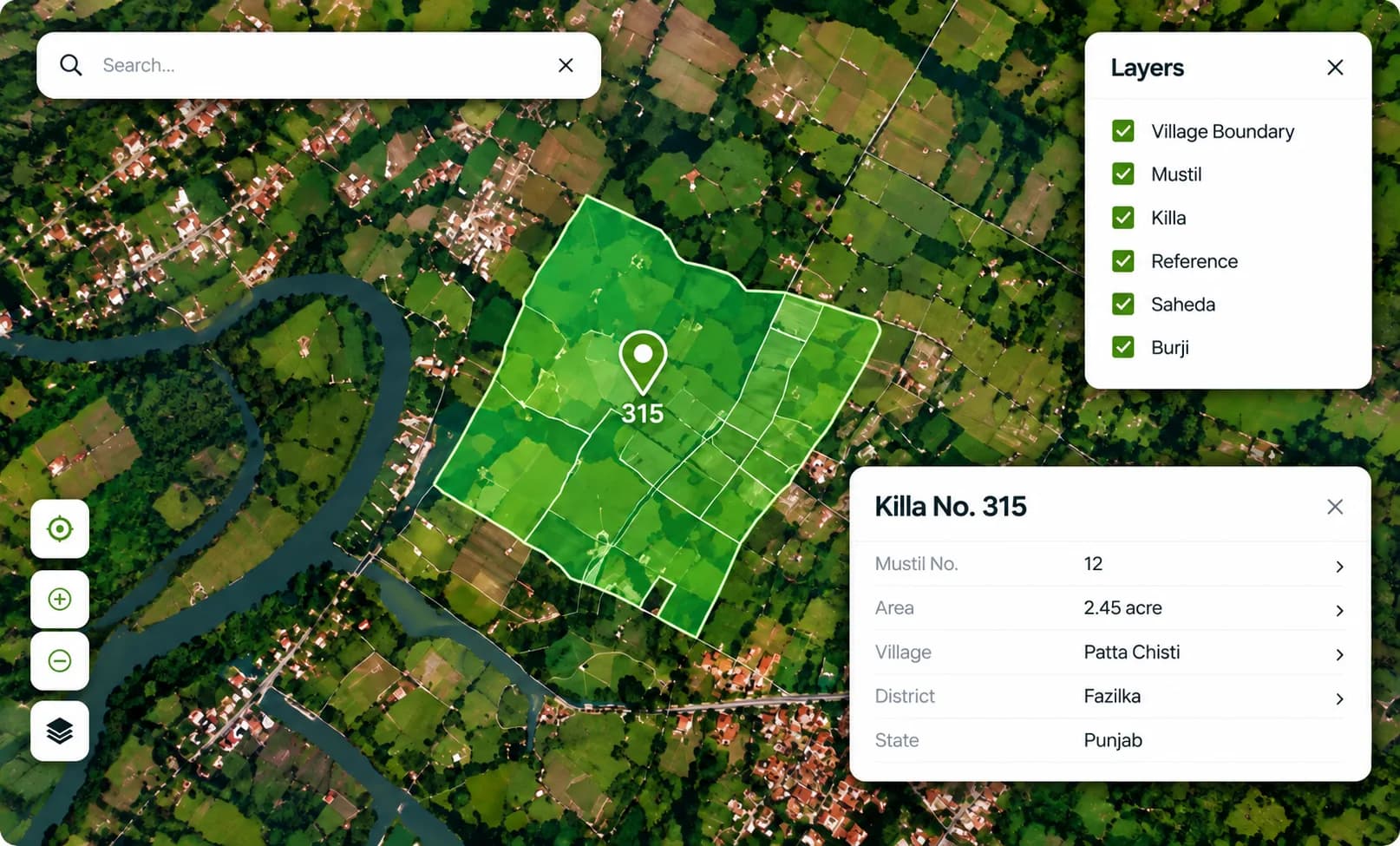 MapInch map view of Killa No. 315 with search, layers, and parcel details