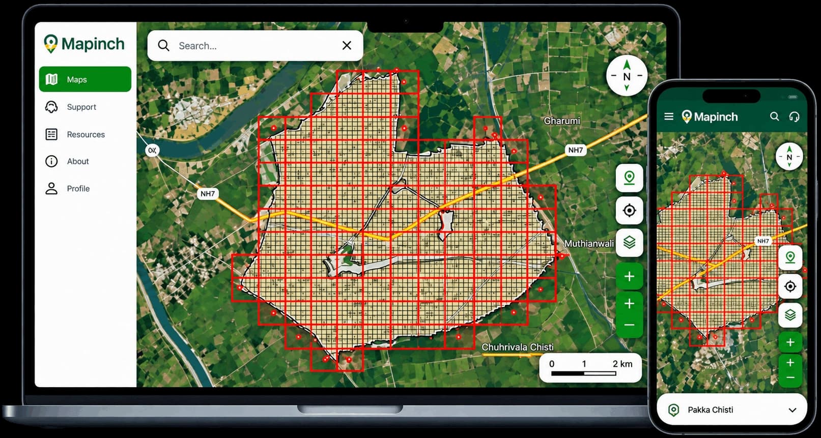 MapInch on a laptop and phone showing the Pakka Chisti village map